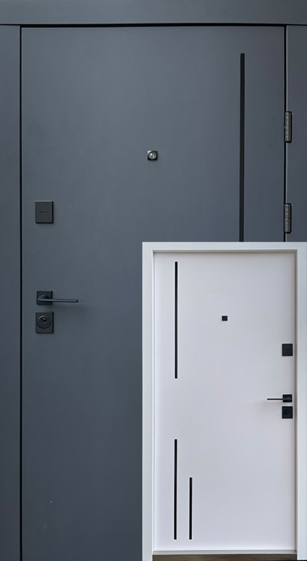 Вхідні двері Qdoors, колекція  Преміум, Тріоні-Ак, антрацит/біла шагрень