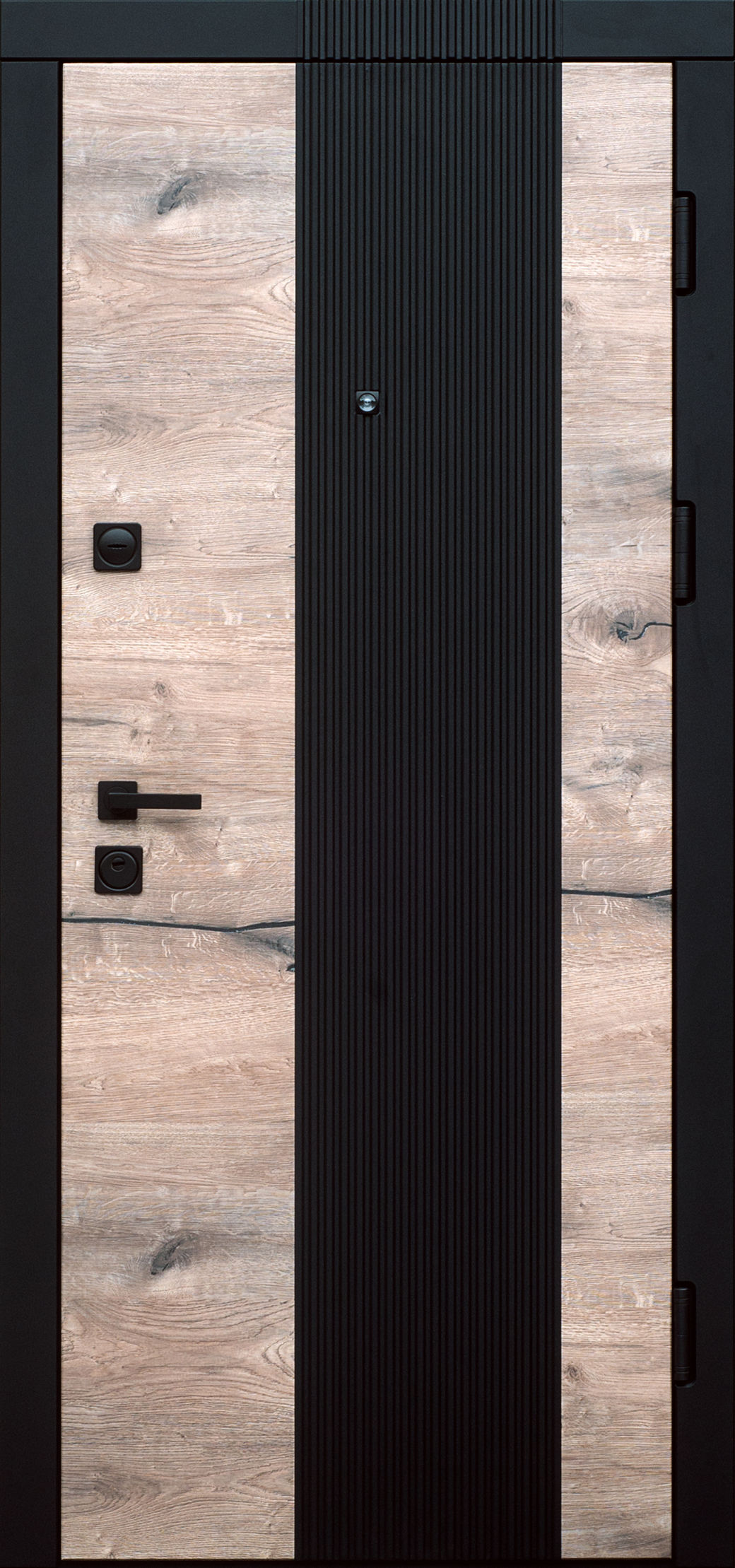 Вхідні двері Форт Нокс, колекція "Стандарт", Нью-Йорк, Oak Пацифік чорна хвиля/спіл білий вертикальний молдинг
