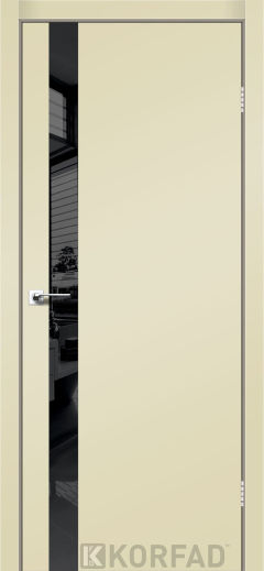 Міжкімнатні двері Korfad, GLP-02 (DSP), Super Pet магнолія, глухі, вставка Lacobel чорний, алюмінієва кромка