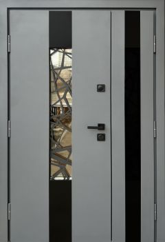 Вхідні двері Qdoors, колекція СТРОНГ, ПЛАЗА, ВУЛИЦЯ 3 контура з ОЦИНКОВАНИМ металом на полотні,  антрацит пісок/ антрацит vin, 1200 з 1 ковкою на основній створці+чорний декор 
на штульповій (склад)