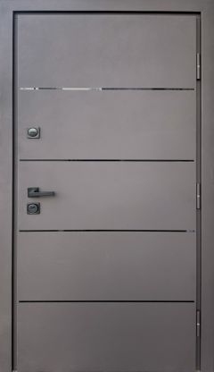 Вхідні двері Qdoors, колекція СТРОНГ, КУПЕР, ВУЛИЦЯ 3 контура з ОЦИНКОВАНИМ металом на полотні,  антрацит пісок/білий атлас vin