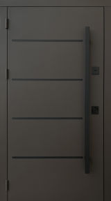 Вхідні двері Qdoors, колекція Стріт, Горизонталь вулиця, метал пісок 8019 фарба, декор молдинг, ручка труба квардат чорна 1450 мм