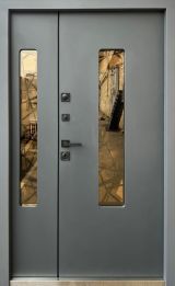 Вхідні двері Qdoors, колекція СТРОНГ, ПЛАЗА, ВУЛИЦЯ 3 контура з ОЦИНКОВАНИМ металом на полотні,  антрацит пісок/ антрацит vin, 1200 з 1 ковкою на основній створці+склопакет на 
штульповій. - Изображение 1